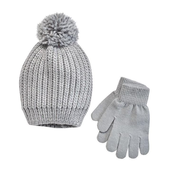 Girls 4-14 So® Sparkle Knit Pom-pom Hat & Gloves Set, Girl's, Size: M-l, Dark Grey