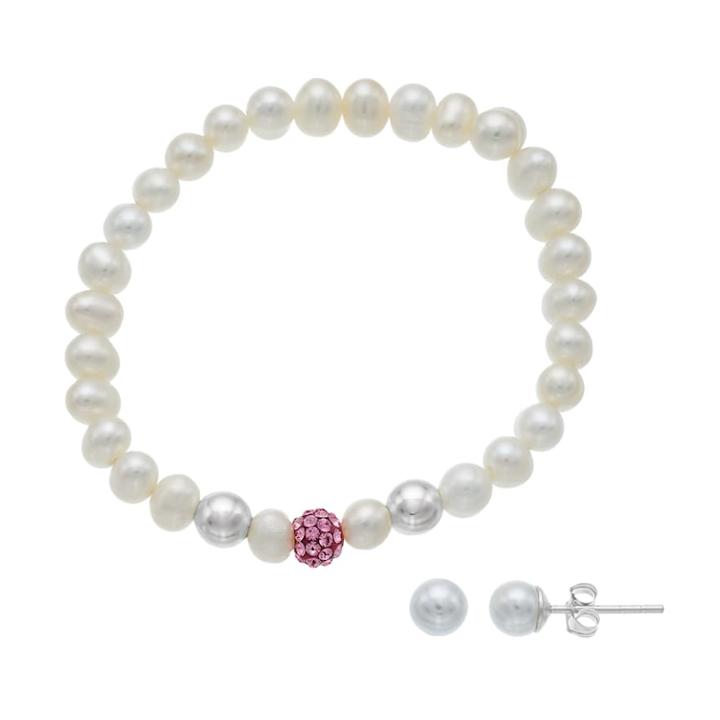 Charming Girl Kids' Freshwater Cultured Pearl Stretch Bracelet & Stud Earring Set, Pink