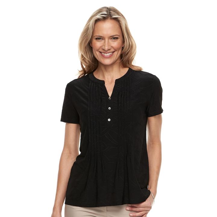 Women's Croft & Barrow® Jacquard Pintuck Henley Top, Size: Xs, Black