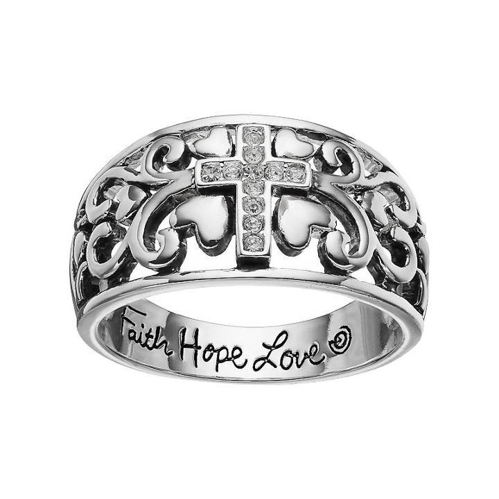 Love This Life Silver Plated Faith Hope Love Crystal Cross Ring, Women's, Size: 7, Grey