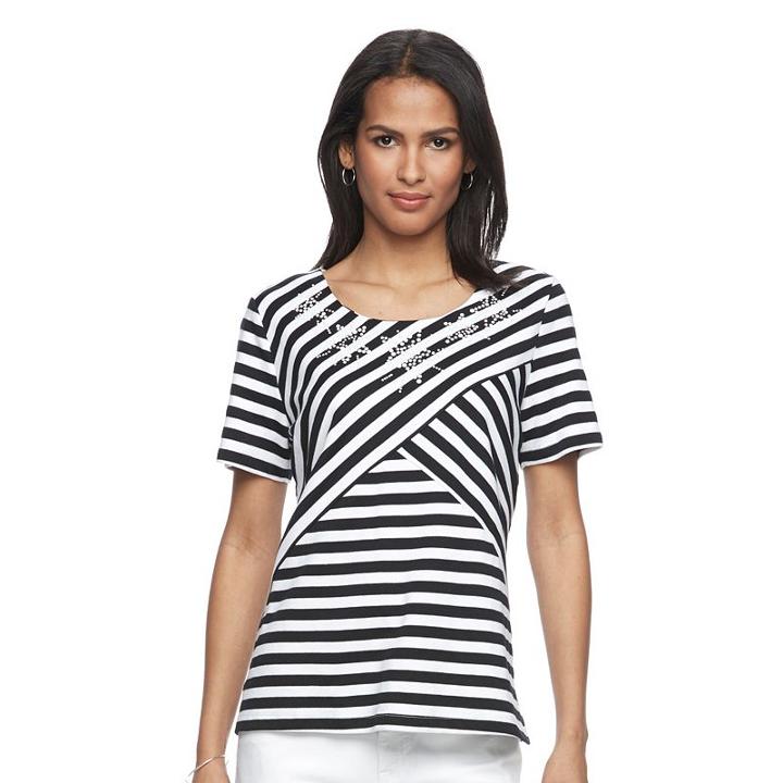 Petite Napa Valley Striped Embellished Tee, Women's, Size: Xl Petite, Black