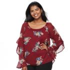 Juniors' Plus Size Heartsoul Floral Ruffle Sleeve Top, Teens, Size: 1xl, Turquoise/blue (turq/aqua)