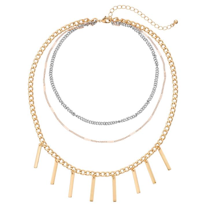 Tri Tone Stick Fringe Layered Choker Necklace, Women's, Multicolor