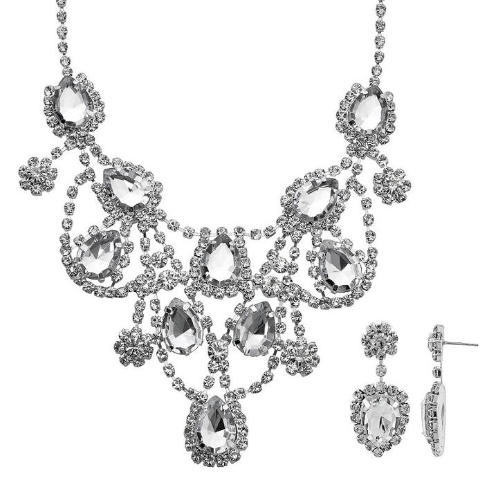 Crystal Allure Bib Necklace And Drop Earring Set, Women's, Size: 17, White