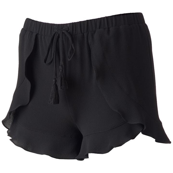 Juniors' Joe B Crepe Ruffle Trim Shortie Shorts, Size: Large, Black