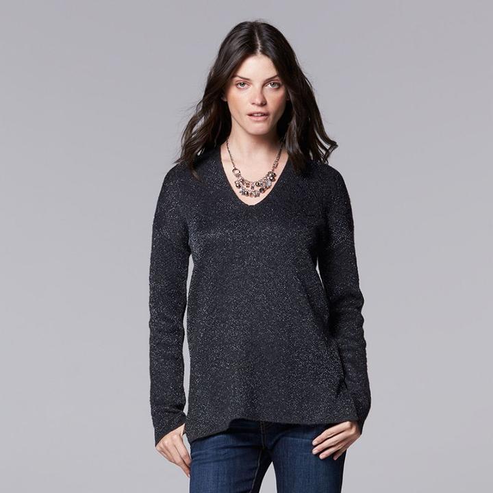 Women's Simply Vera Vera Wang Herringbone V-neck Sweater, Size: Xs, Med Grey