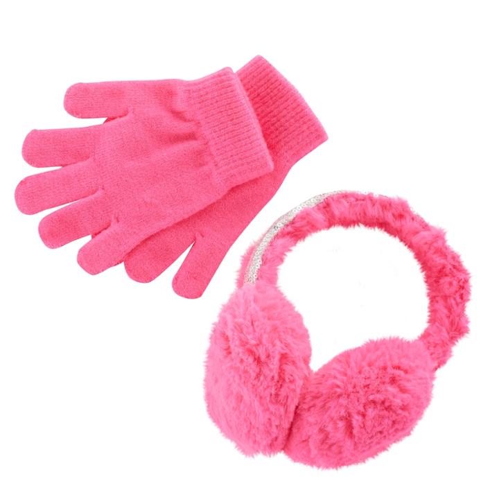 Girls 4-16 Faux-fur Sequin Halo Earmuffs & Gloves Set, Dark Pink
