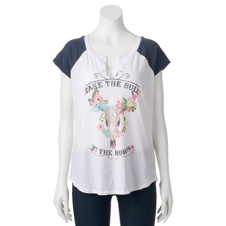 Juniors' Bull By The Horns Raglan Graphic Tee, Girl's, Size: Large, White
