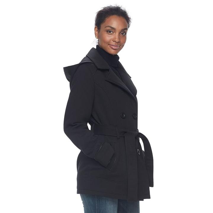 Women's D.e.t.a.i.l.s Double Breasted Faux-leather Trim Fleece Jacket, Size: Medium, Black