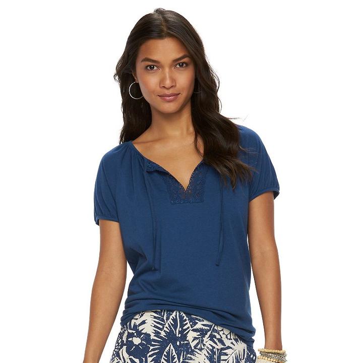 Women's Chaps Lace-trim Peasant Top, Size: Xs, Blue