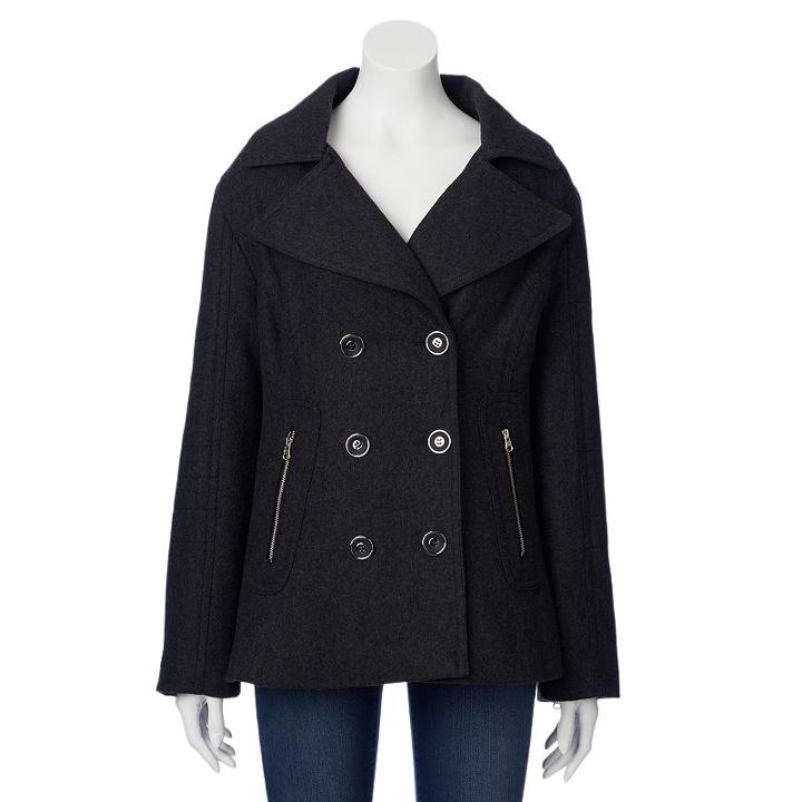 Women's Excelled Double-breasted Wool-blend Peacoat, Size: Medium, Dark Grey