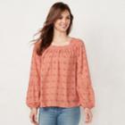Women's Lc Lauren Conrad Love, Lauren Shirred Peasant Top, Size: Medium, Pink