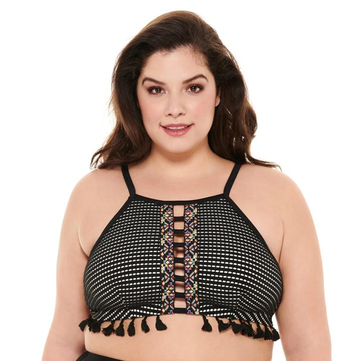 Plus Size Costa Del Sol Crochet High-neck Bikini Top, Women's, Size: 1xl, Black