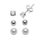Charming Girl Sterling Silver Cubic Zirconia, Simulated Pearl And Ball Stud Earring Set - Made With Swarovski Zirconia - Kids, Multicolor