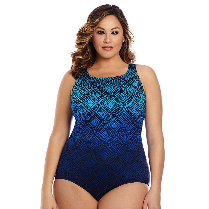 Plus Size Great Lengths D-cup High-neck One-piece Swimsuit, Women's, Size: 18, Blue