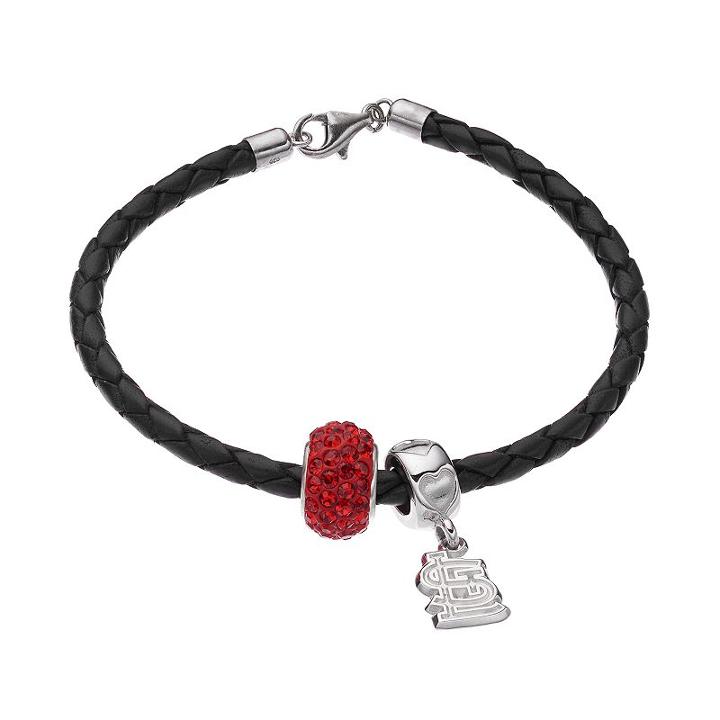 Logoart St. Louis Cardinals Crystal Sterling Silver & Leather Charm Bracelet, Women's, Size: 7.5, Black