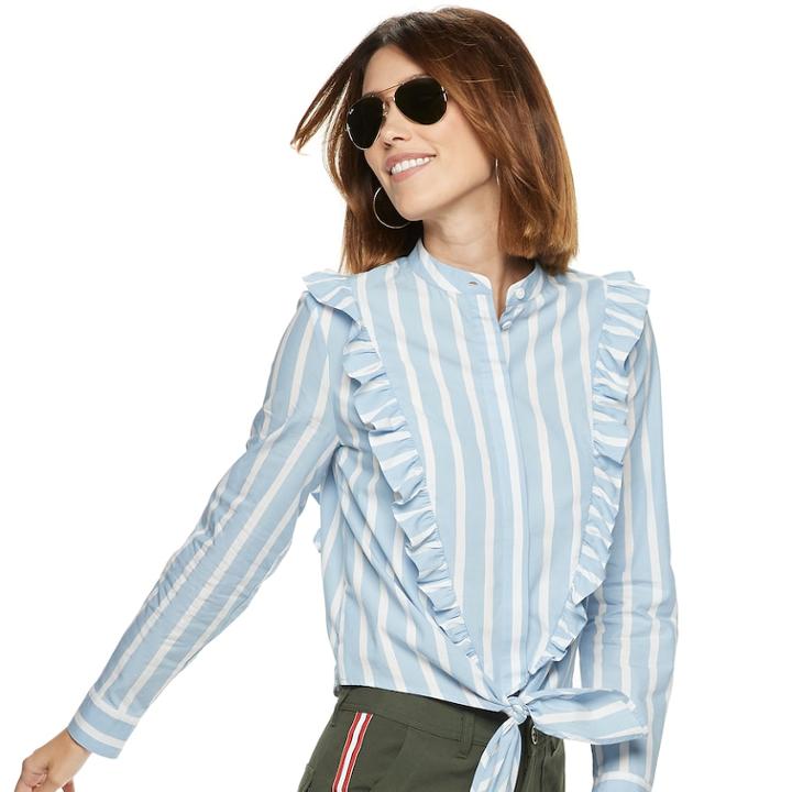 Women's Popsugar Ruffled Knot-front Crop Shirt, Size: Xxl, White