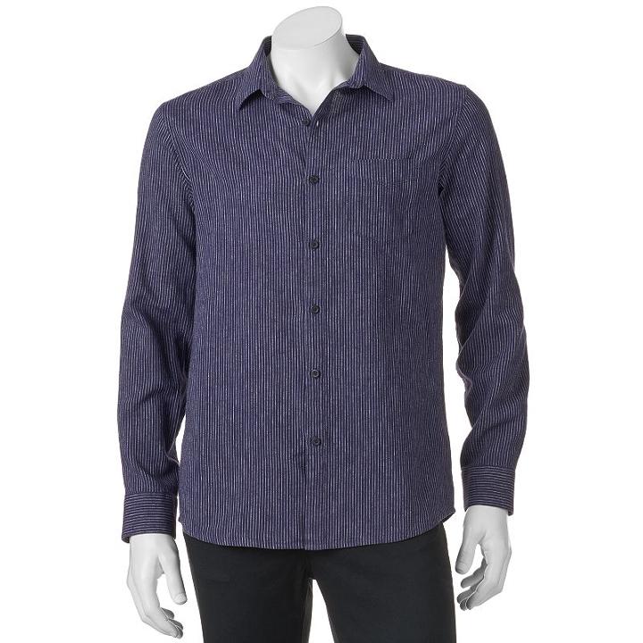 Men's Marc Anthony Slim-fit Striped Linen-blend Button-down Shirt, Size: Medium, Blue