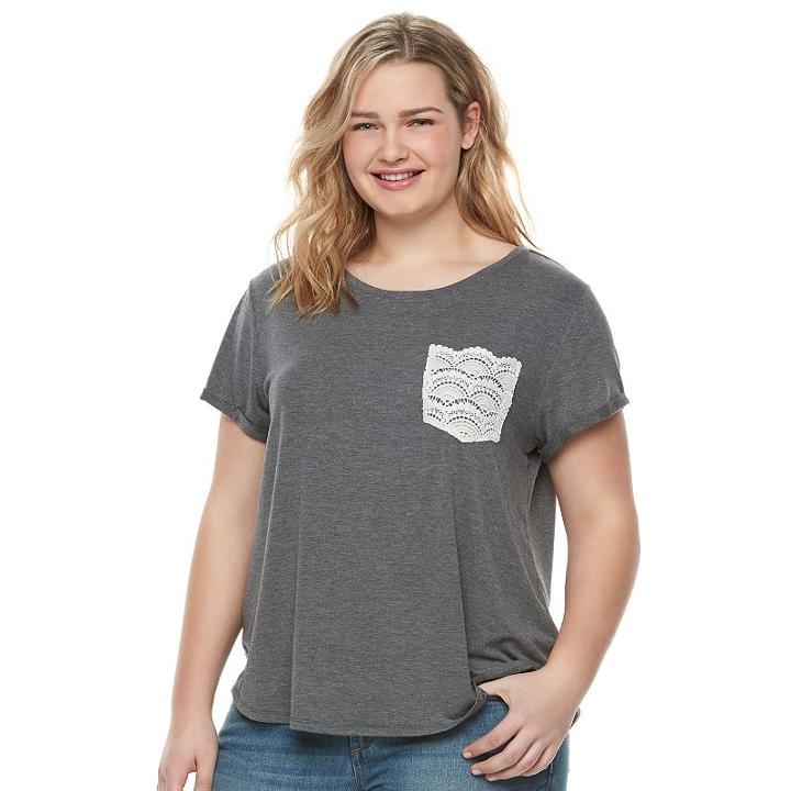 Juniors' Plus Size So&reg; Crochet Pocket Tee, Girl's, Size: 3xl, Grey (charcoal)