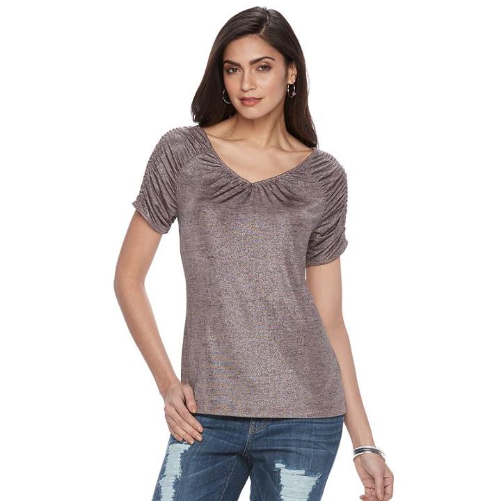 Women's Jennifer Lopez Metallic Ruched Tee, Size: Large, Med Brown