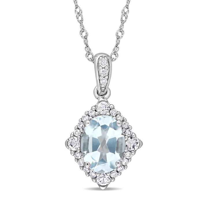 10k White Gold Blue Topaz 1/10 Carat T.w. Diamond Halo Pendant Necklace, Women's, Size: 17
