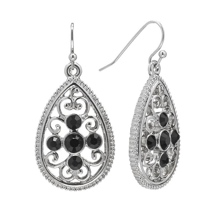 1928 Silver Tone Simulated Crystal Filigree Teardrop Earrings, Girl's, Black