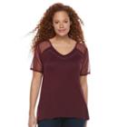 Plus Size Rock & Republic&reg; Sheer Sleeve V-neck Top, Women's, Size: 3xl, Red