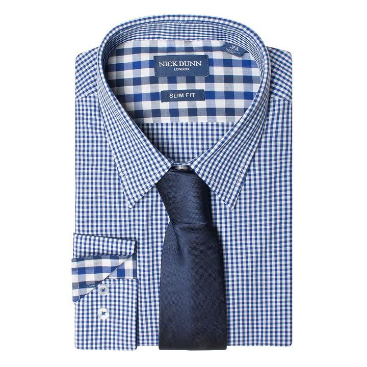Big & Tall Men's Nick Dunn Slim Tall Patterned Easy-care Spread-collar Dress Shirt & Tie Set, Size: Xlt 38/39, Blue (navy)