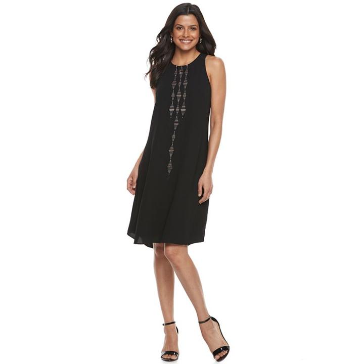 Women's Apt. 9&reg; Embroidered High-neck Shift Dress, Size: Xl, Black