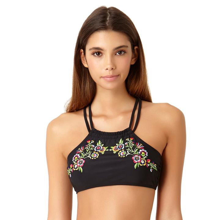 Juniors' California Sunshine Embroidered High-neck Bikini Top, Women's, Size: D/dd, Black