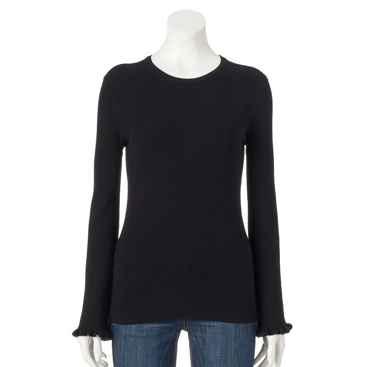 Women's Elle&trade; Ruffle Crewneck Sweater, Size: Xs, Black