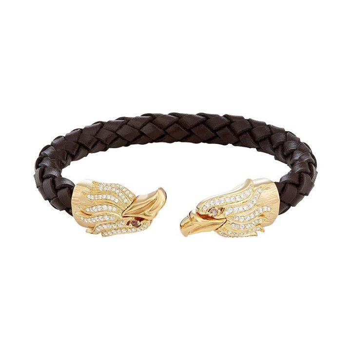 Men's Stainless Steel & Brown Leather Cubic Zirconia Eagle Cuff Bracelet, Size: 8.5