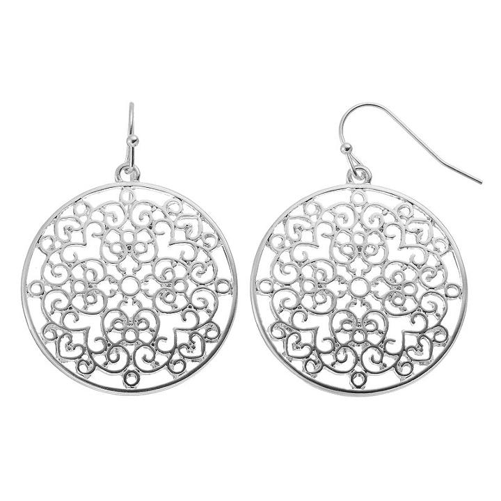Scrollwork Disc Drop Earrings, Women's, Silver