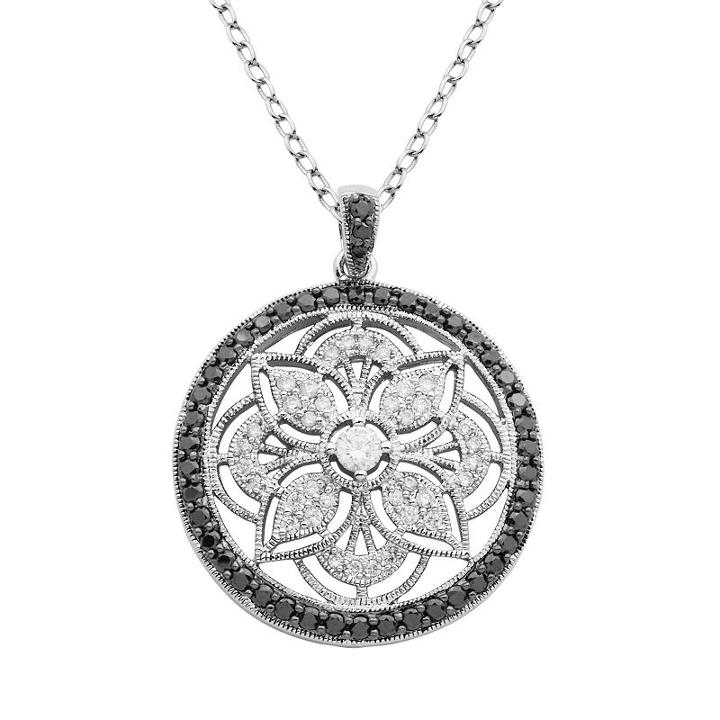 Black Spinel And Cubic Zirconia Sterling Silver Flower Pendant Necklace, Women's, Size: 20, Multicolor