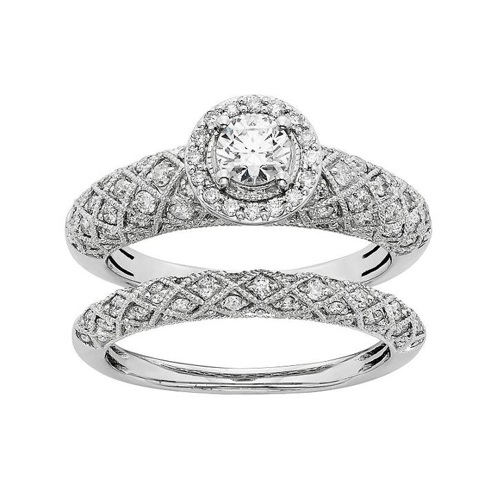 Igl Certified Diamond Art Deco Halo Engagement Ring Set In 14k White Gold (1 Carat T.w.), Women's, Size: 7