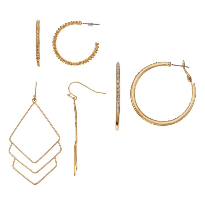 Pave & Studded Nickel Free Hoop Earring Set, Women's, Gold