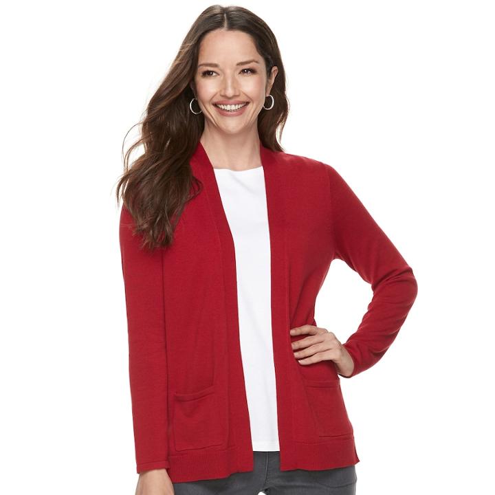 Petite Croft & Barrow&reg; Essential Open Front Cardigan, Women's, Size: M Petite, Dark Red