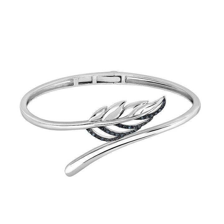 Sterling Silver 1/6 Carat T.w. Blue Diamond Leaf Bangle Bracelet, Women's, Size: 7.5