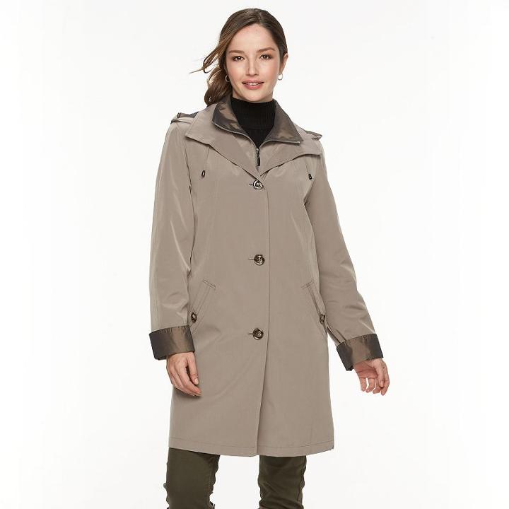 Women's Gallery Hooded Lined Rain Jacket, Size: Large, Beig/green (beig/khaki)