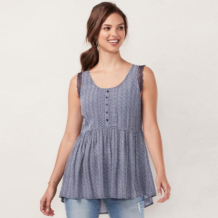 Women's Lc Lauren Conrad Print Lace-trim Tunic Tank, Size: Small, Drk Purple