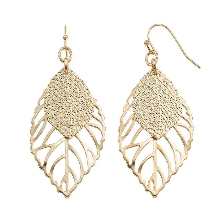Apt. 9&reg; Textured & Cutout Leaf Drop Earrings, Women's, Gold