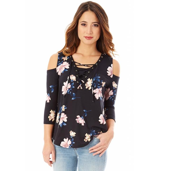 Juniors' Iz Byer Lace-up Cold Shoulder Top, Size: Small, Black Floral