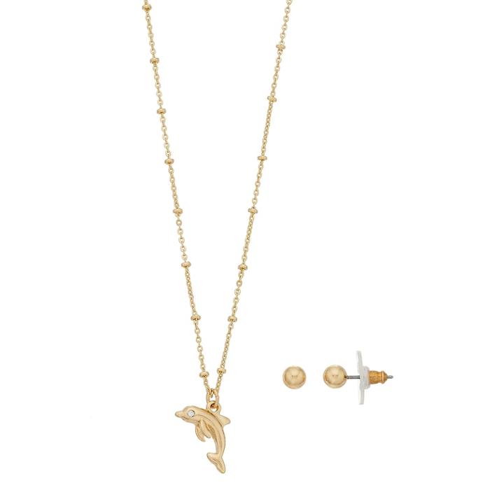 Lc Lauren Conrad Dolphin Pendant Necklace & Stud Earring Set, Women's, Gold