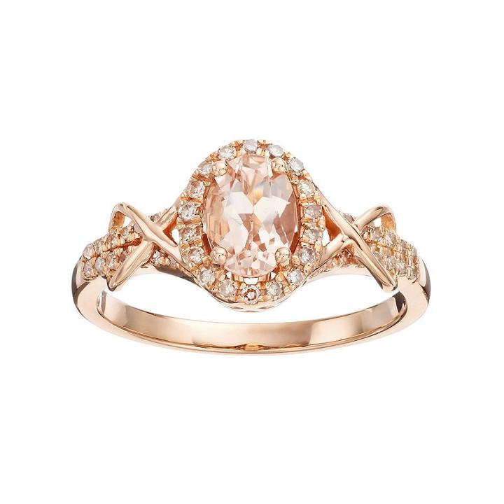 10k Rose Gold Morganite & 1/4 Carat T.w. Diamond Halo Ring, Women's, Size: 7, Pink
