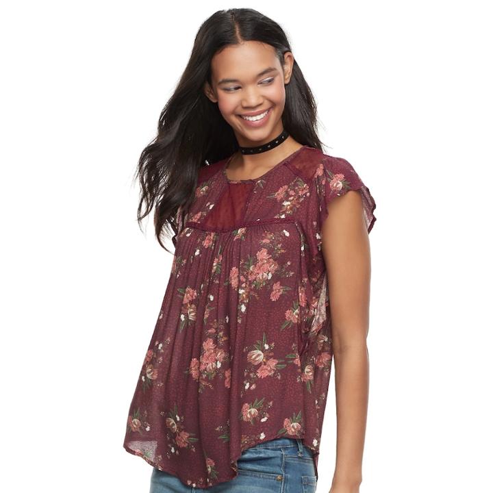 Juniors' Rewind Floral Flutter Sleeve Top, Teens, Size: Large, Drk Purple
