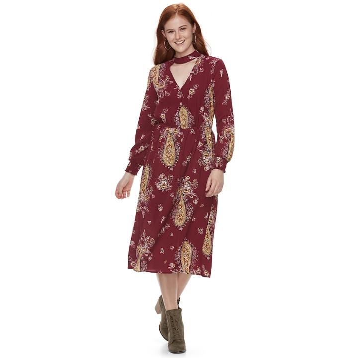 Juniors' Love, Fire Print Choker Neck Faux-wrap Dress, Teens, Size: Medium, Red Other
