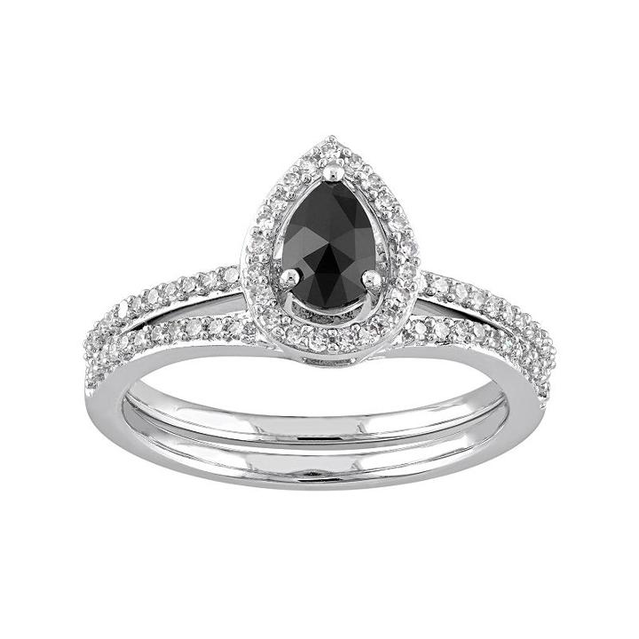10k White Gold 3/4 Carat T.w. Black & White Diamond Teardrop Engagement Ring Set, Women's, Size: 6