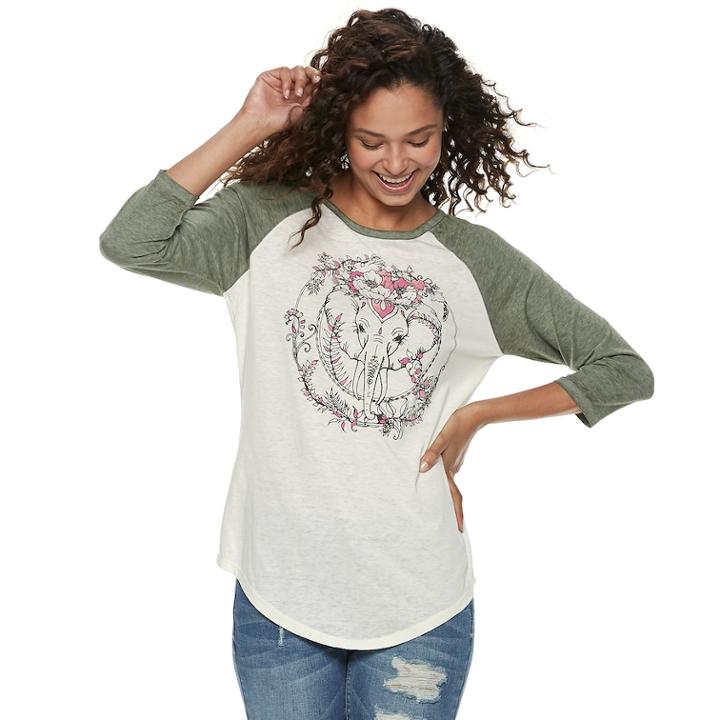 Juniors' Floral Elephant Raglan Tee, Teens, Size: Large, Lt Beige