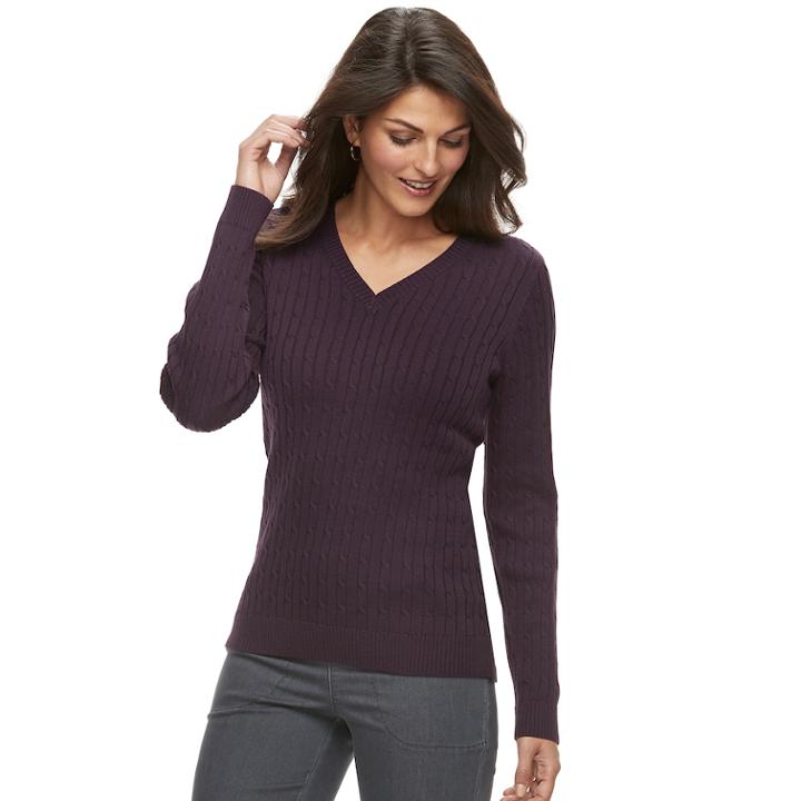 Petite Croft & Barrow&reg; Essential Cable Knit V-neck Sweater, Women's, Size: S Petite, Drk Purple