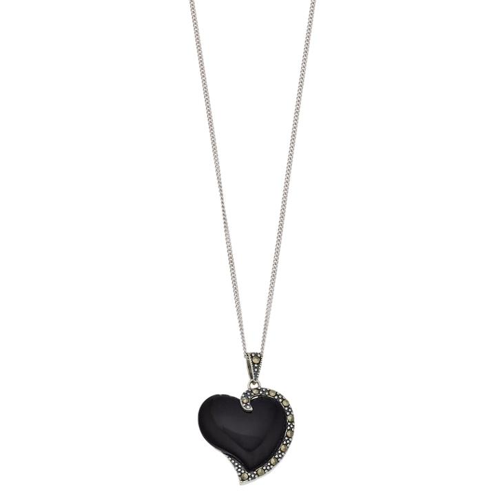Tori Hill Sterling Silver Onyx & Marcasite Heart Pendant Necklace, Women's, Size: 18, Black
